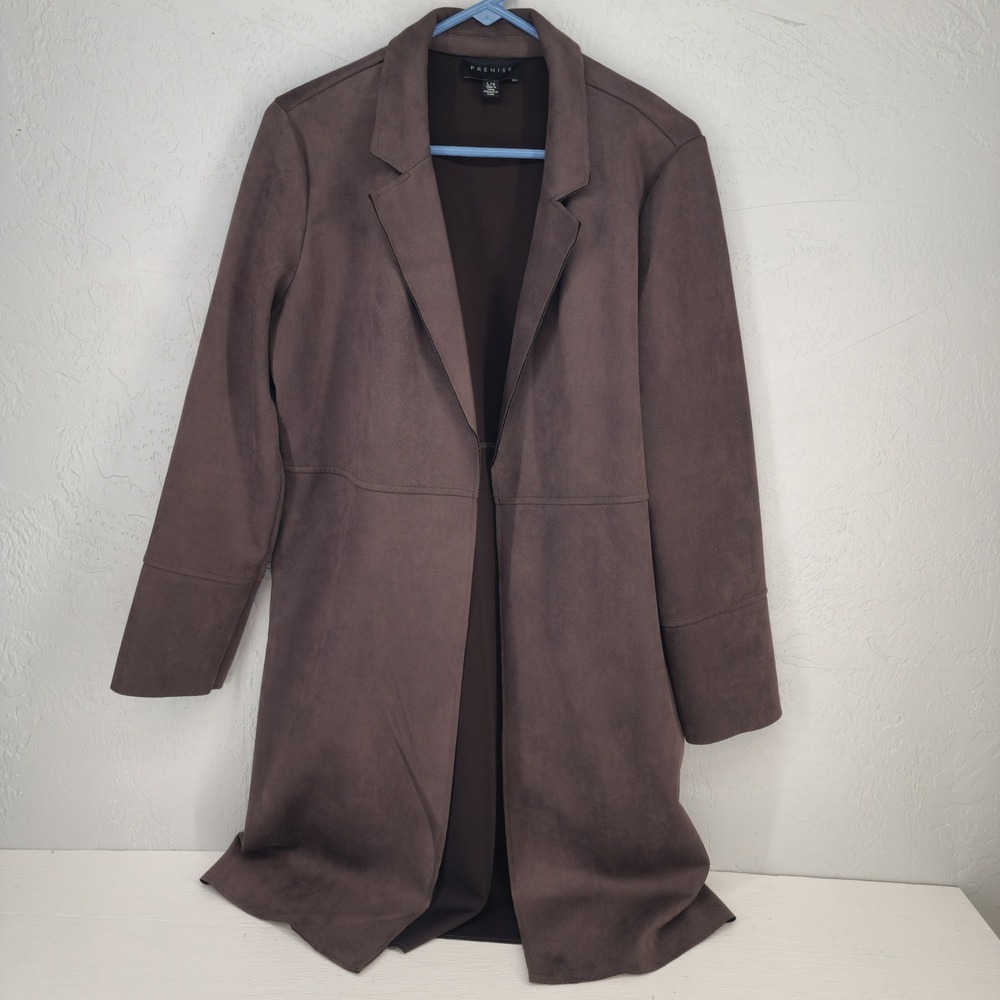 Premise Large | Brown Faux Suede Open Front Longline Trench Coat Jacket Womens